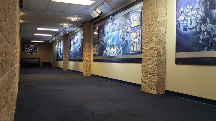 The Office of the Physical Plant re-carpeted several corridors and office spaces in the East Area Locker Room on Penn State's University Park campus this past summer with navy-blue carpets made from recycled materials.IMAGE: PENN STATE