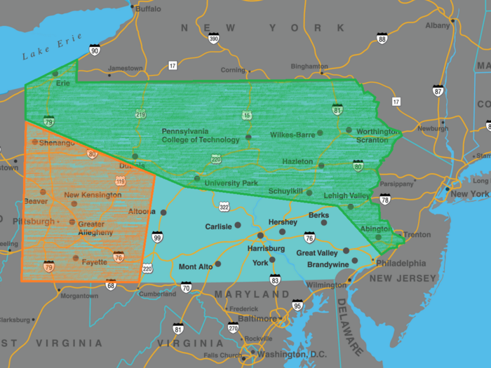 Map of Penn State campuses and URES service areas